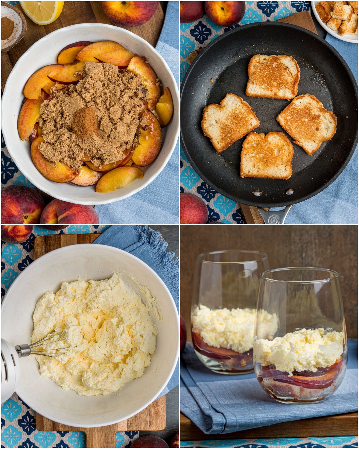 The four main steps to making fresh peach trifles as a cool summer dessert.