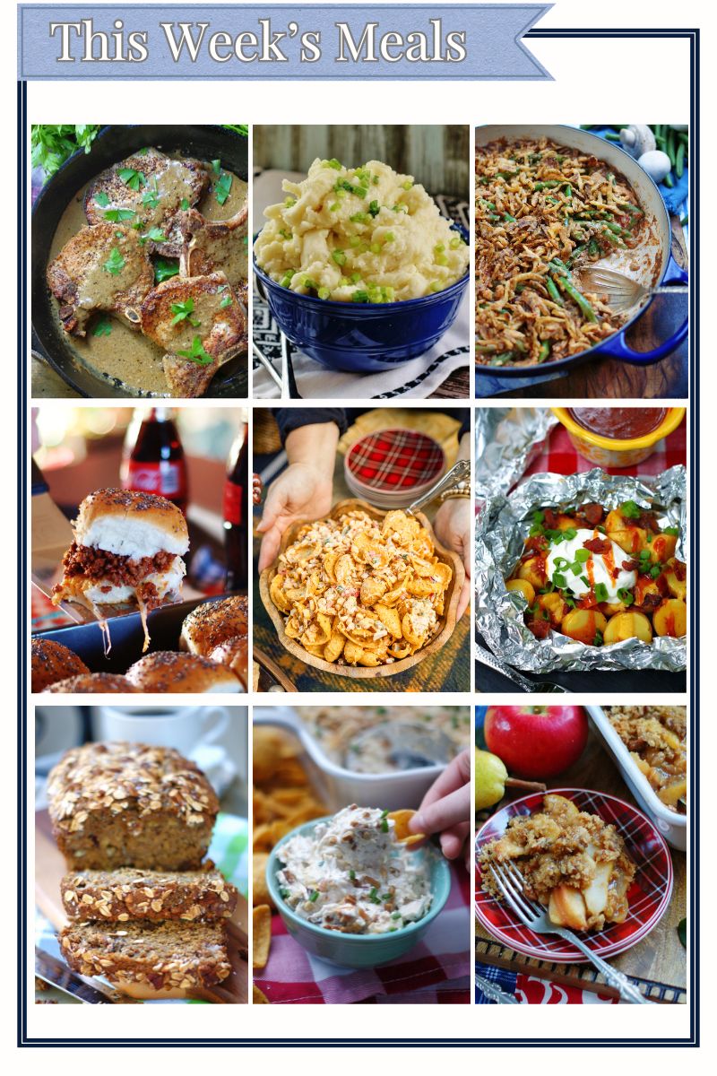 9 part grid photo collage showcasing all of the recipes featured in this week's meal plan ideas.