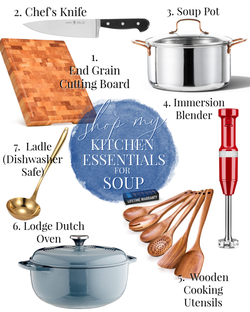 A graphic picturing my most reliable kitchen tools for making soup.