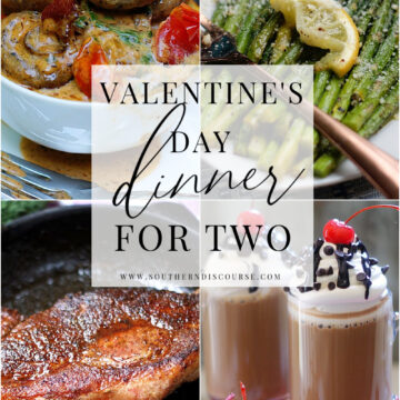 A collage of the recipes needed to make a special Valentine's Day dinner for two.
