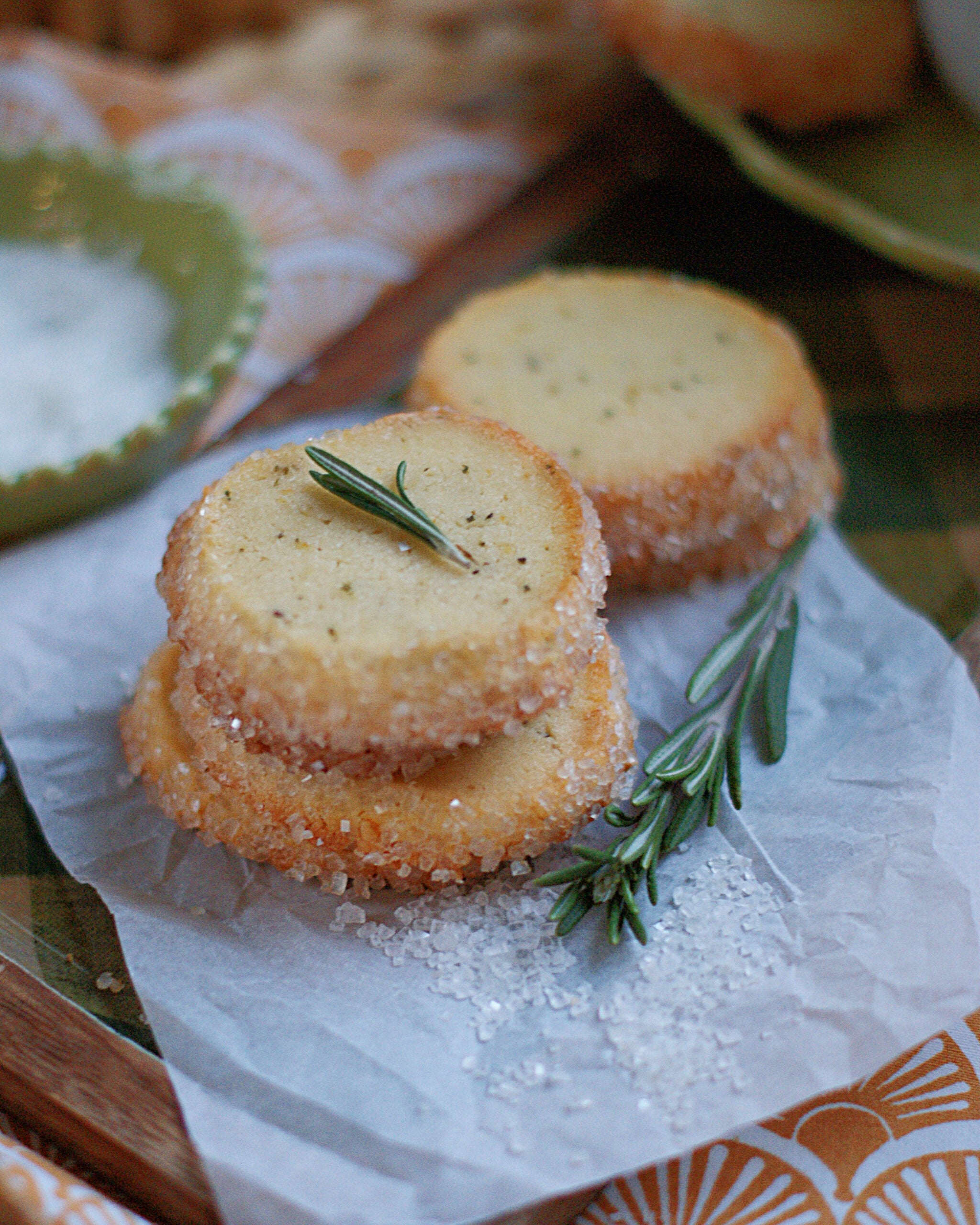 Lightly sweetened butter cookies flavored with rosemary and lemon.