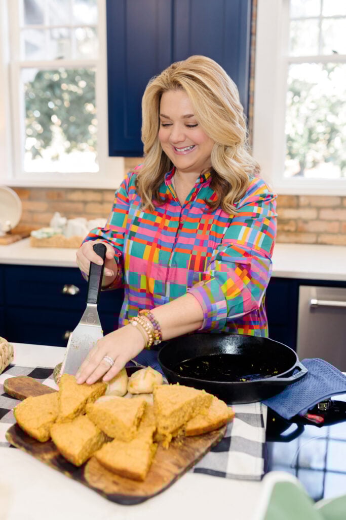 Hosting an easy gumbo dinner for friends and serving cornbread.
