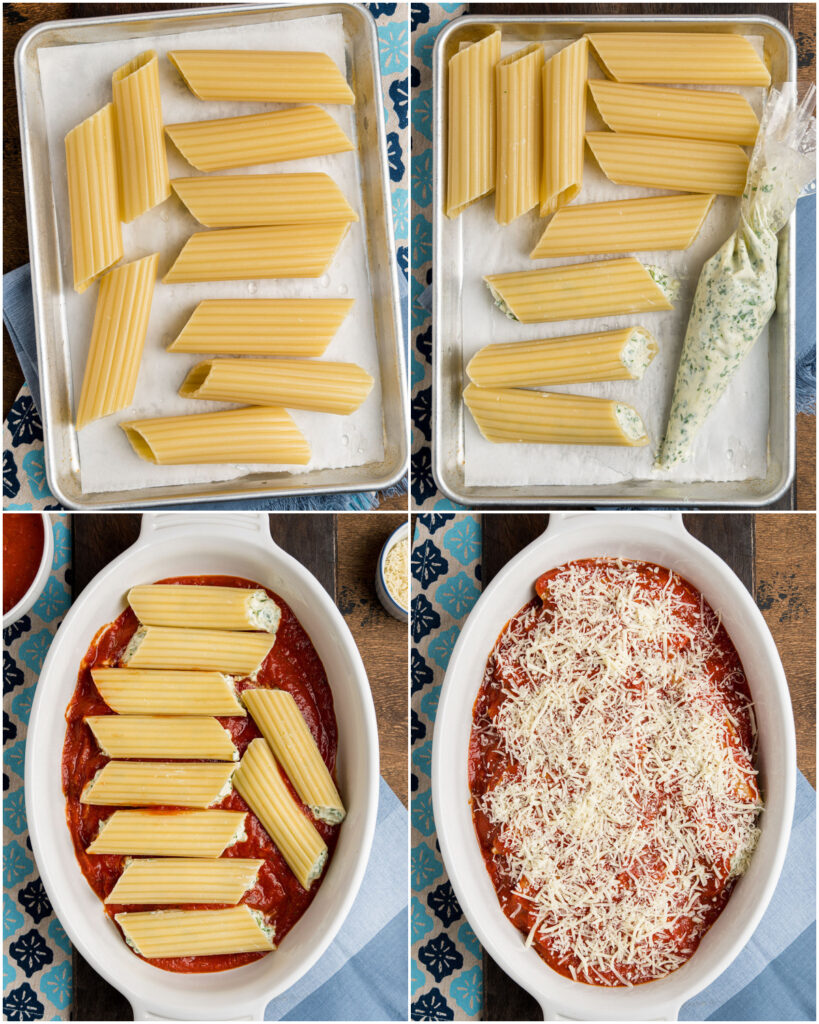 4 part collage showing the main steps needed to make manicotti pasta, the filling ansd stuff the pasta.