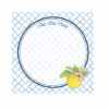 Digital image of square notepad with blue lattice, yellow apple with bloom and leaves and circle window for writing.