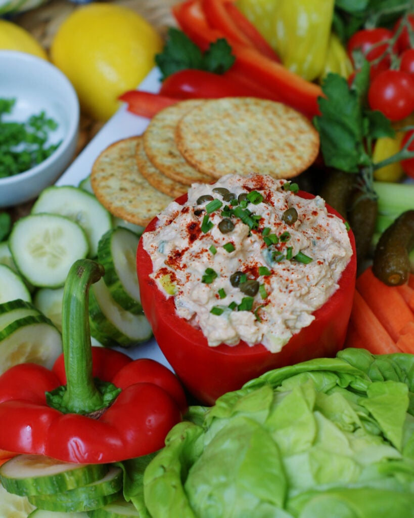 As an appetizer, snack or light lunch, tuna dip served with sliced cucumbers, carrot sticks for dipping.