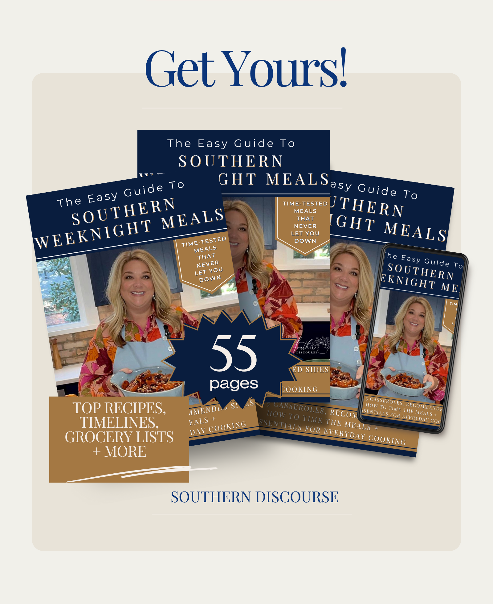 A graphic showing downloads of Southern Discourse Casserole cookbook.