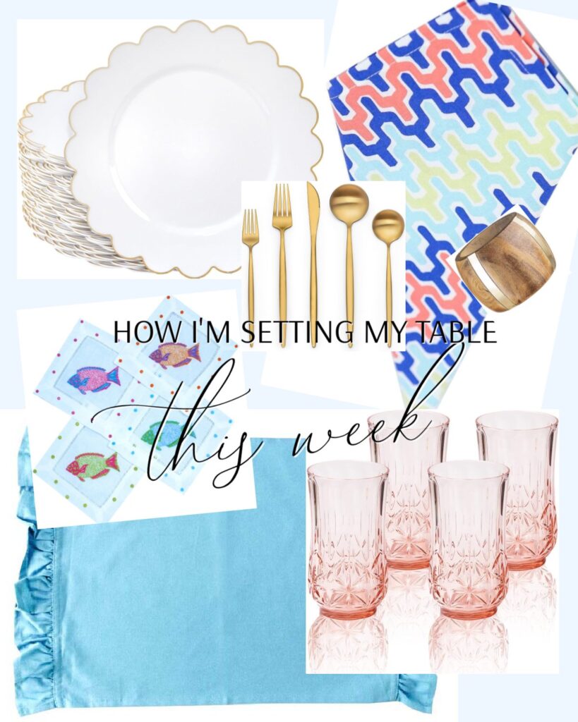 Dishes, napkins and placemats I am using to set a casual summer table for dinner this week.
