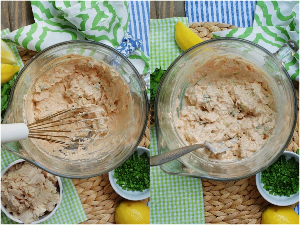 How to make smoked tuna dip by first mixing together the cream cheese, mayo and spices and then folding in the tuna.