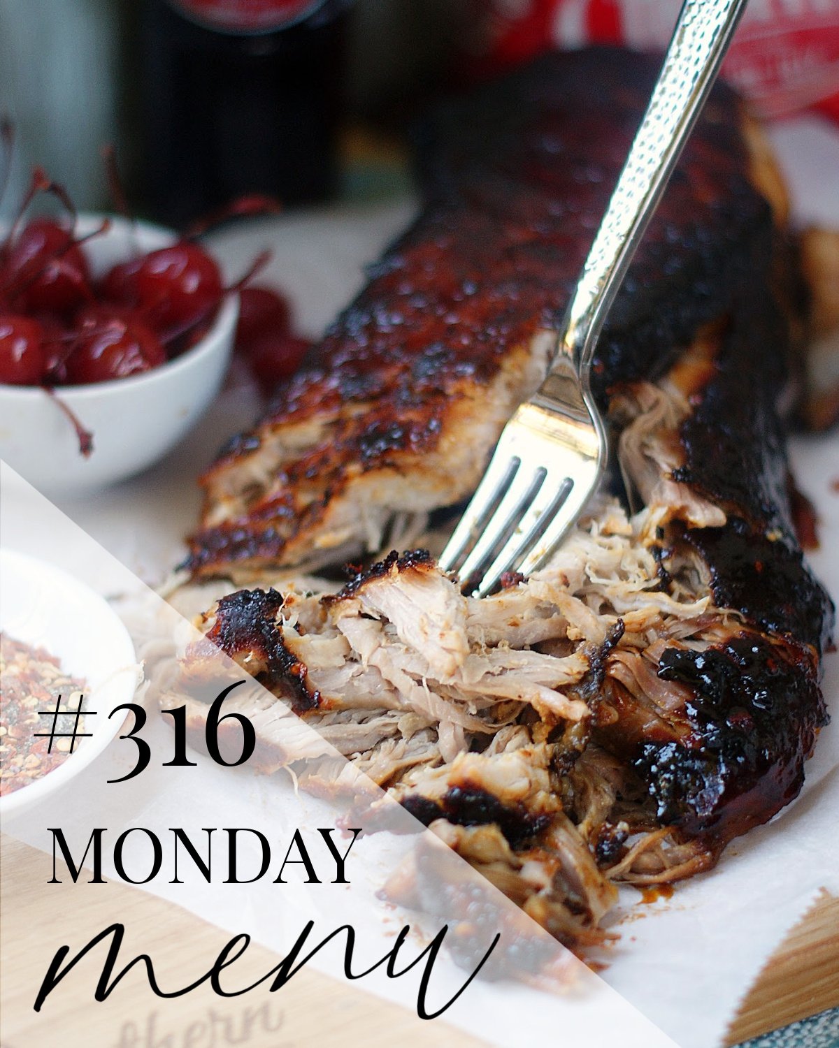 Cherry Cola Pulled Pork featured as this week's Monday Menu title recipe with Monday Menu text overlay.