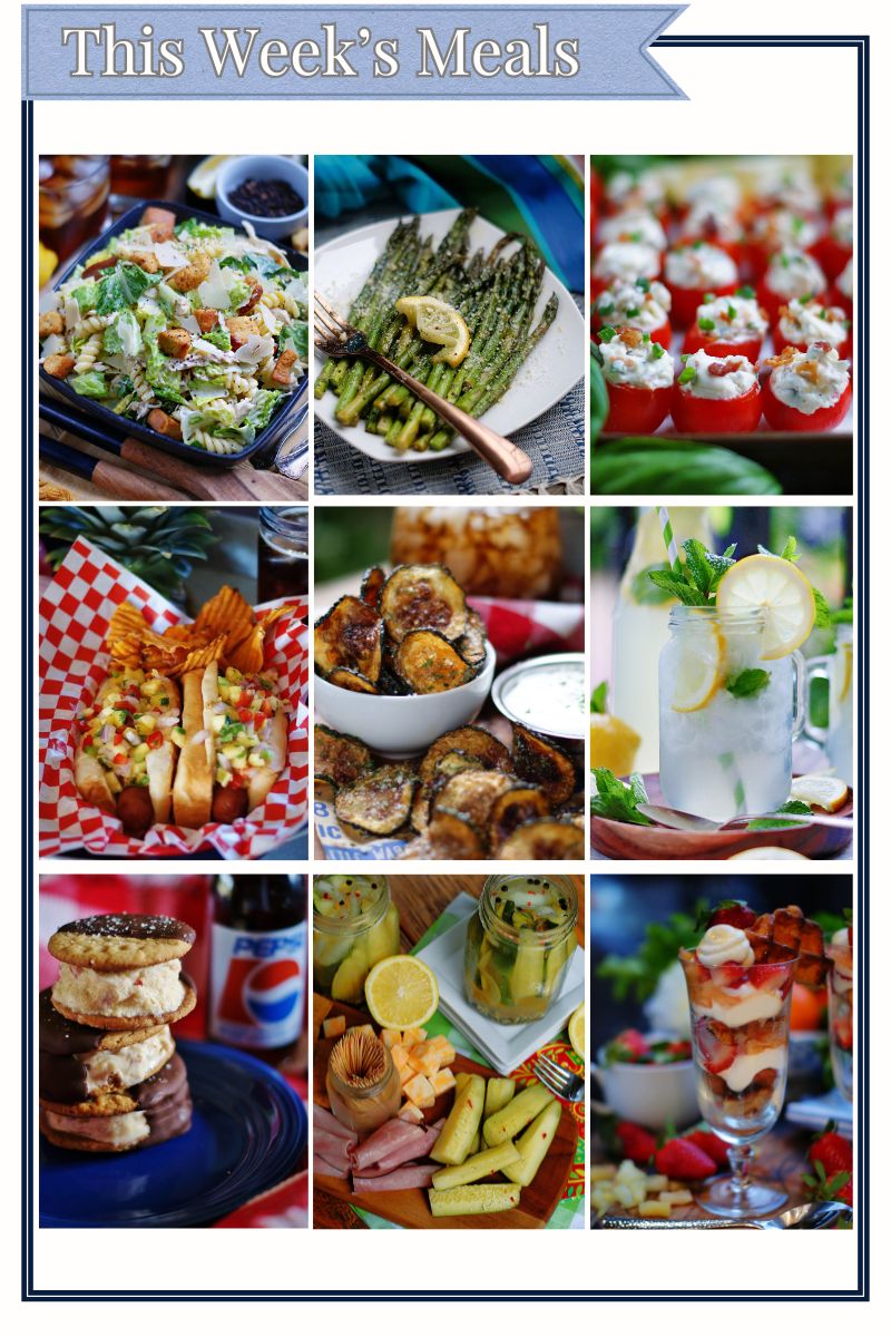 A grid of 9 recipes with 3 recipes in 3 rows to showcase all of the recipes needed to make this week's easy meal of hot dogs and pasta salad.