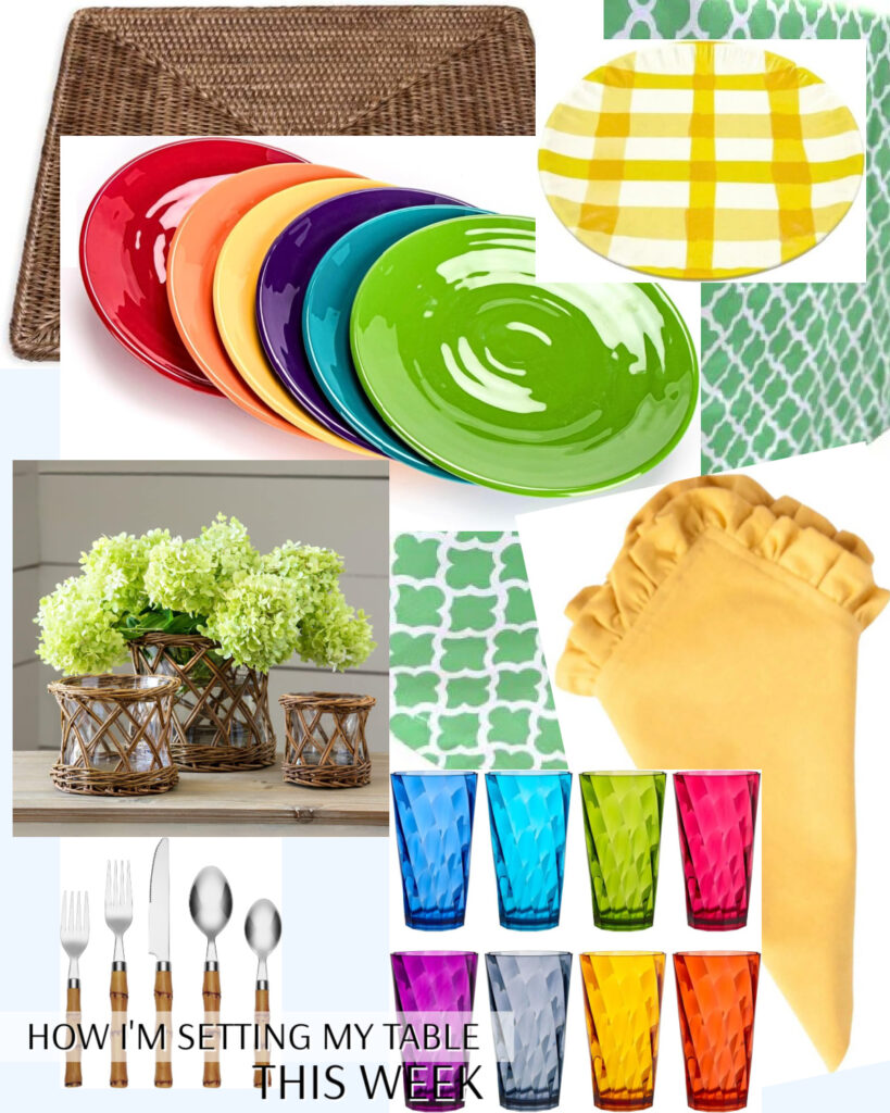 Colorful summer table setting ideas with family friendly melamine dishes and rattan accents.