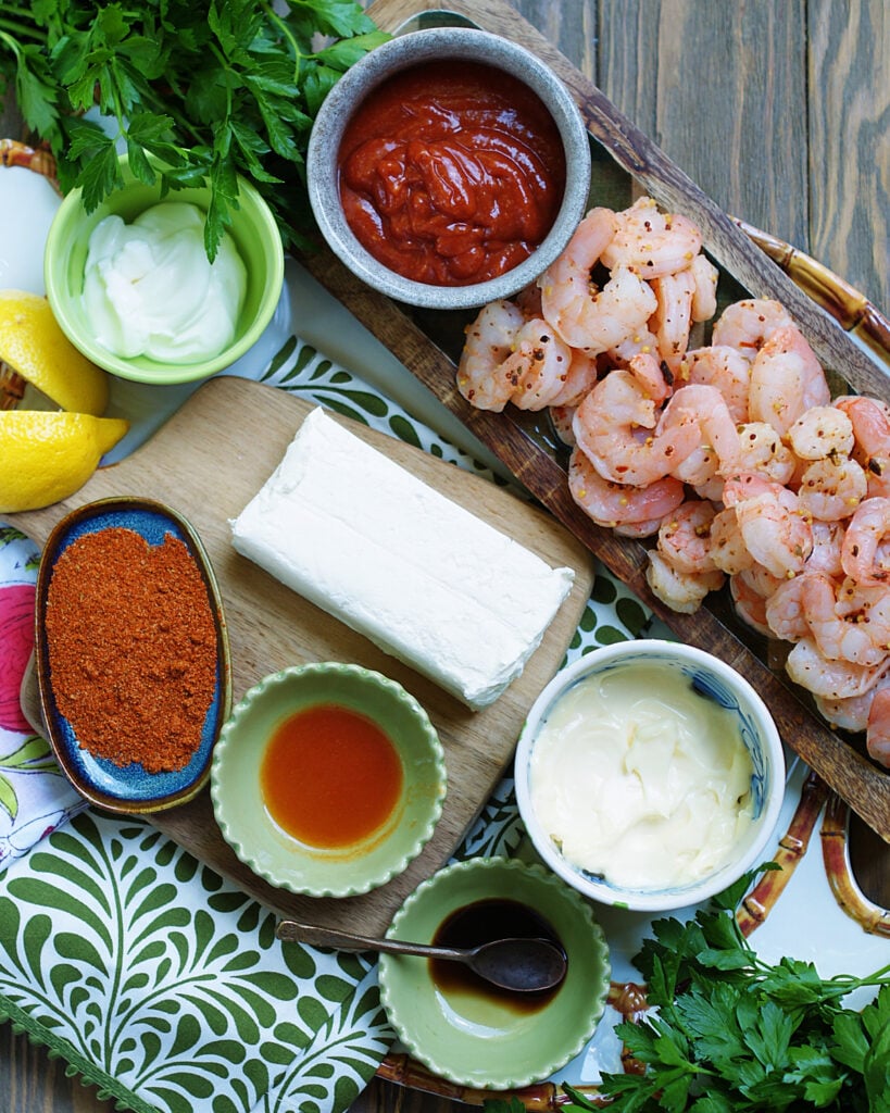 The ingredients for creamy layered shrimp cocktail dip.