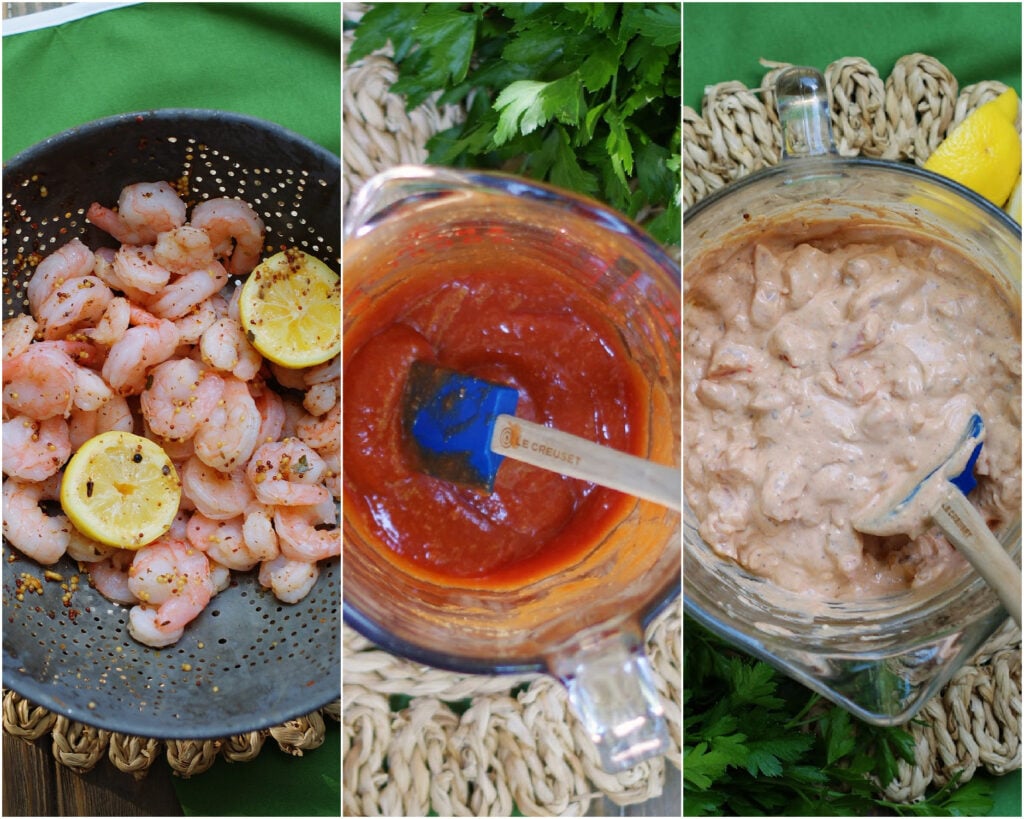 3 part collage showing how to make the main components of the dip- cooked shrimp. cocktail sauce. shrimp and cocktail sauce mixed with cream cheese and seasonings.
