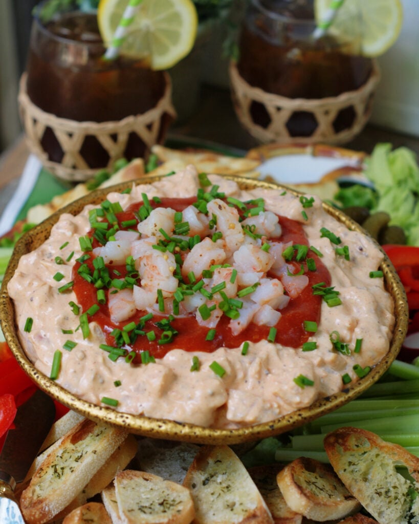 Cream Cheese Shrimp Dip at a party with lemon iced tea and a veggie tray.