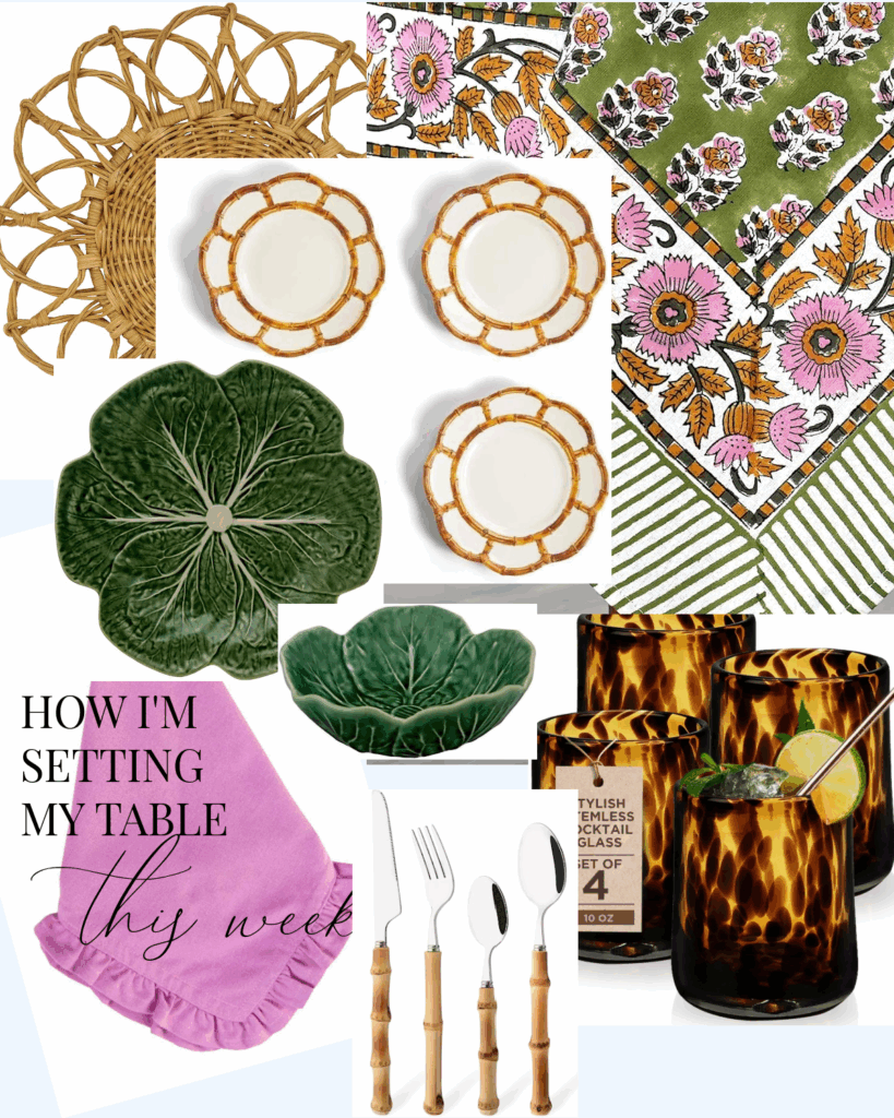 Summery bamboo and cabbage dishes in pink, green and orange for dining inside or outside.