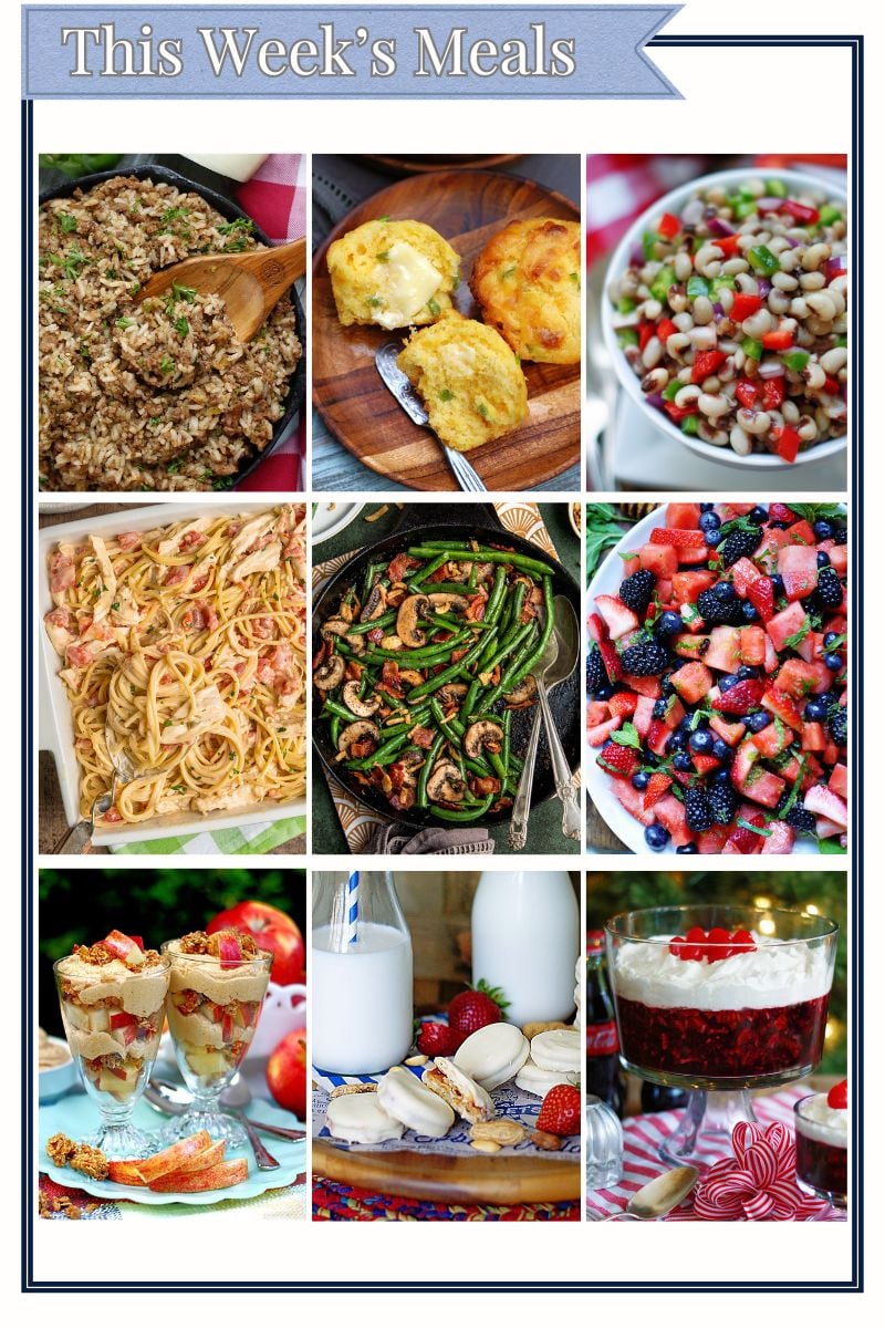 A collage of 9 classic southern recipes used to create this week's meal plan for families.