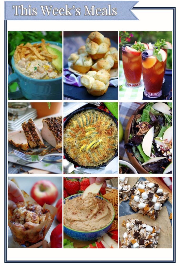 9 recipes photos in a grid showcasing the recipes that make up this week's convenient meal ideas.