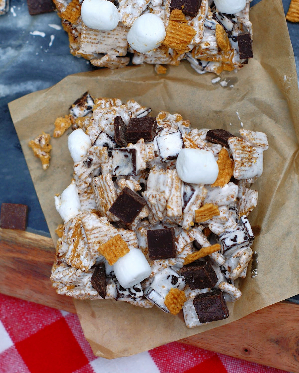No Bake S'more bars with cereal single, upclose to show texture and easy ingredients, like cereal.