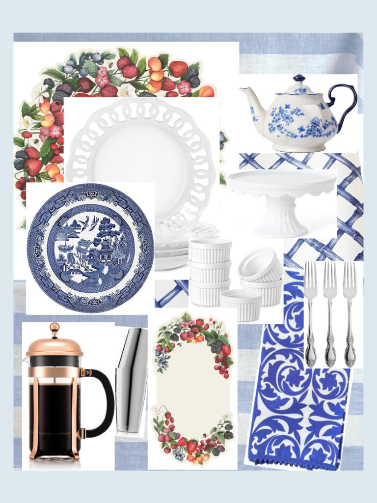 Thumbnails of everything needed to set the table as shown in the dessert party photos with tablecloth, table runner, plates, placemats, silverware, napkins and serving pieces.