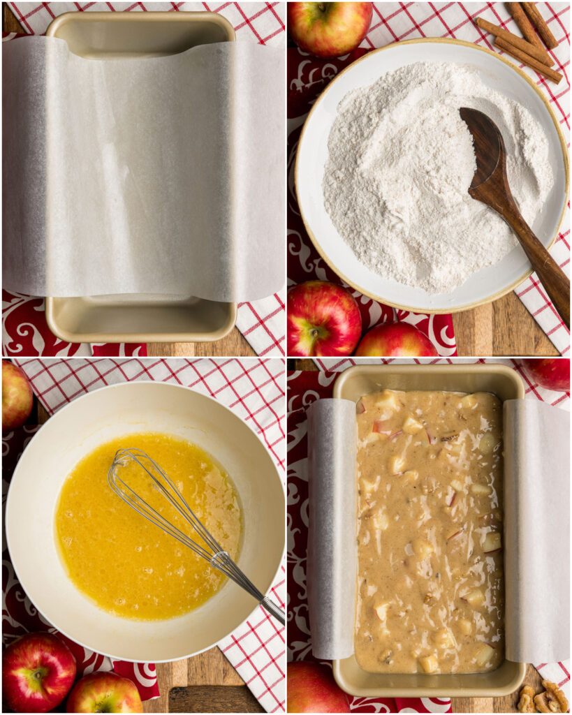 The 4 major steps to making delicious apple bread in a grid, like preparing the loaf pan, mixing dry ingredients, wet ingredients and adding the batter to the pan, to guide the reader through the process.