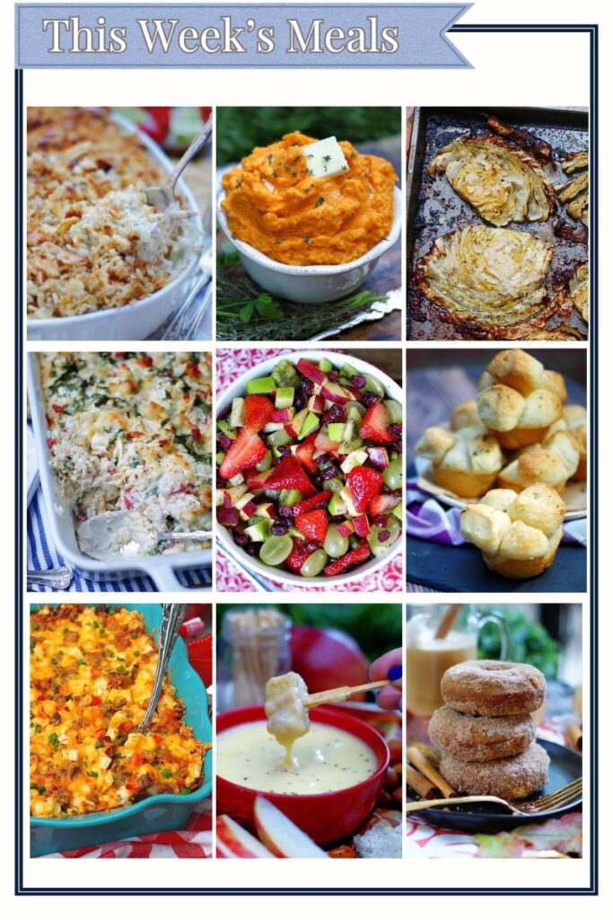 9 grid photo collage showcasing all of the recipes featured in this week's meal plan ideas.