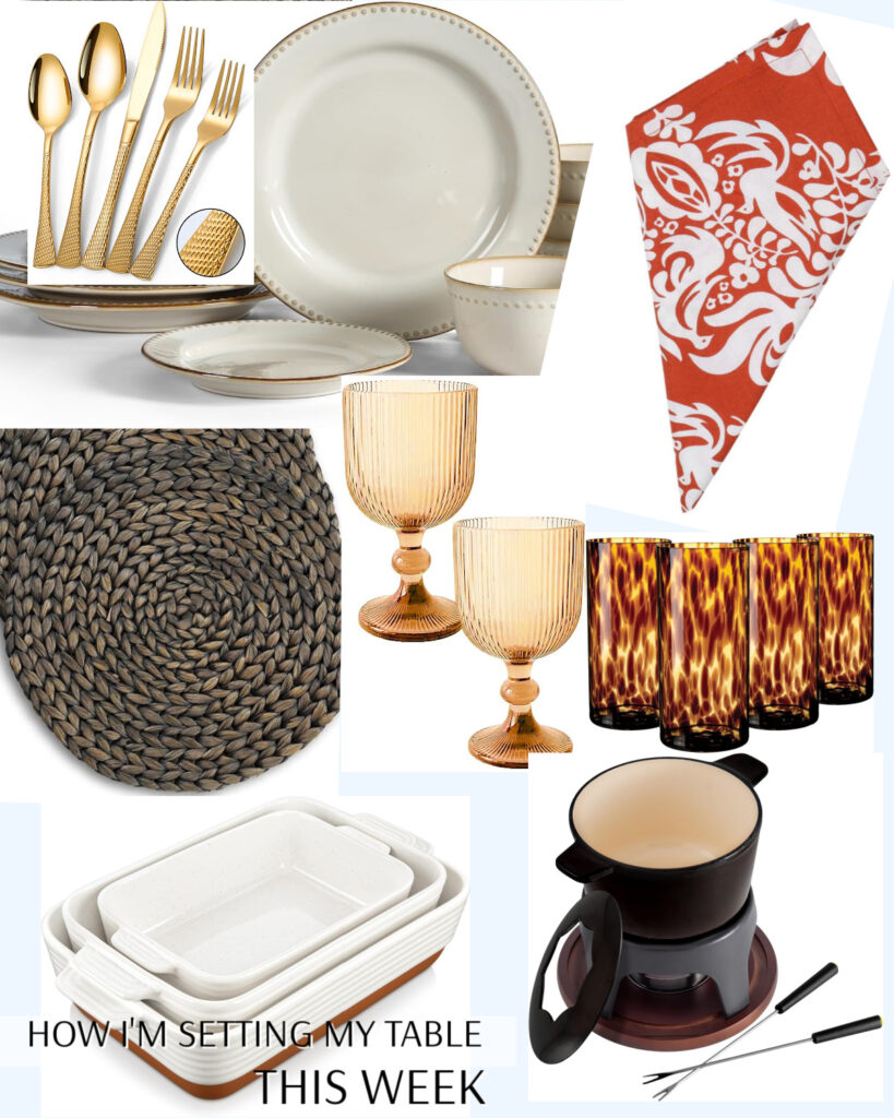 Plates, gold flatware, drinking glasses, dinner napkins, seagrass placemats and other items I'll use to set my table and prepare the food with this week as helpful suggestions for readers to use in their own kitchens and tables.