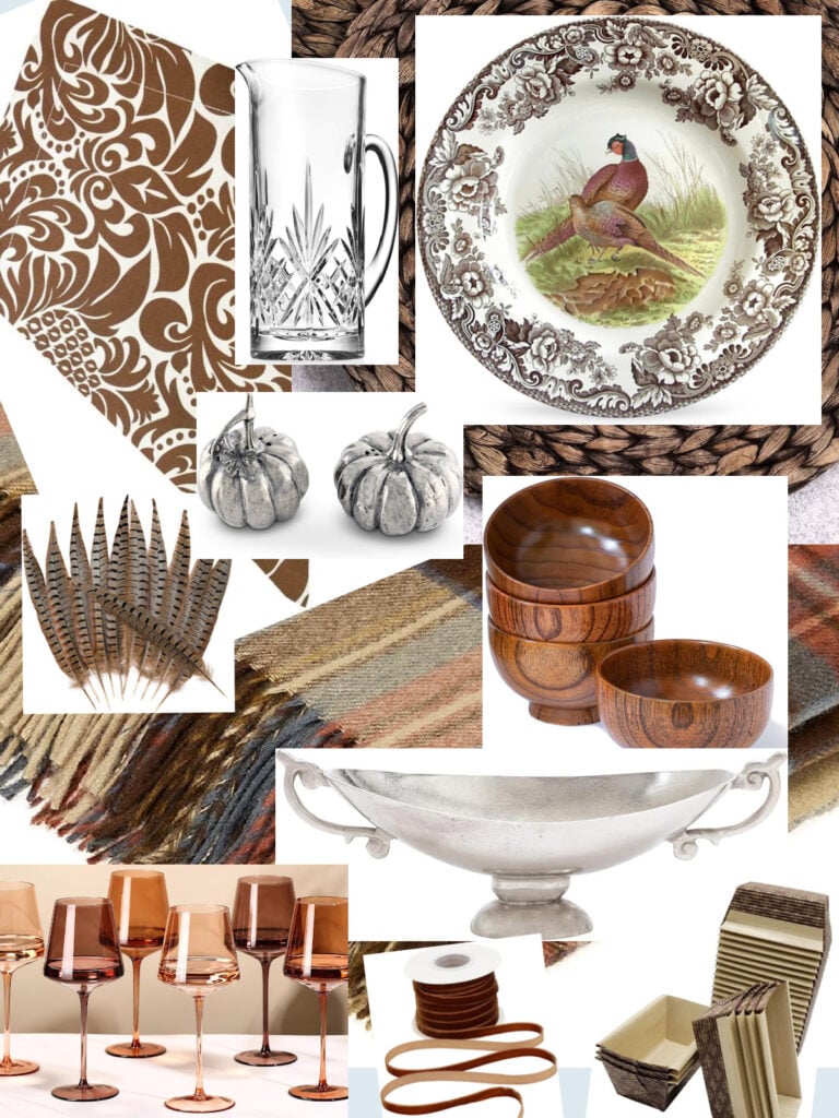 Thumbnails of everything needed to set the table as shown in the Friendsgiving party photos with fringed tartan throws, plates, placemats, silverware, napkins and serving pieces.