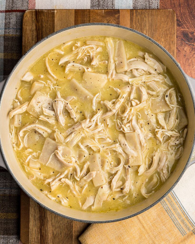 A big pot of chicken and dumplings.