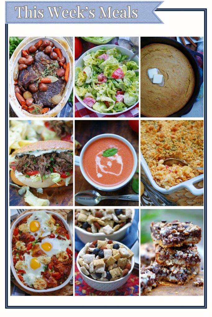 9 part grid showcasing the recipes used to create this week's 2 family meals + breakfast, snack and dessert recipes. 