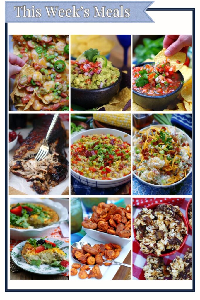 9 part grid showcasing all of the recipes used to create this week's fun family meal menu.