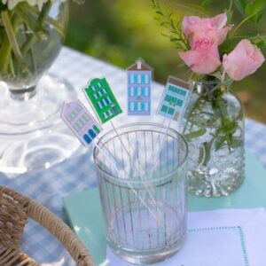 Acrylic drink stirrers inspired by Charleston's rainbown row houses.