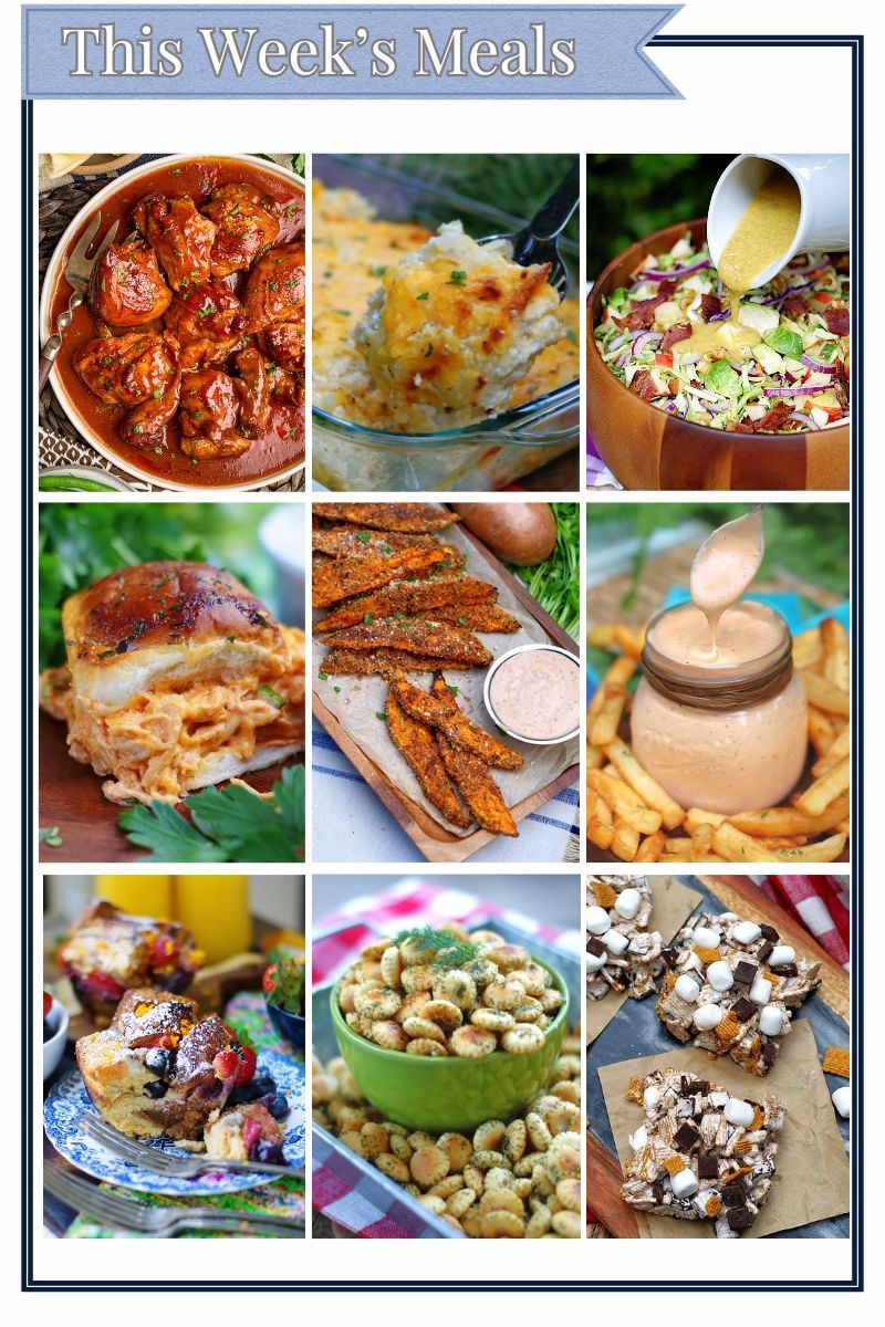 9 recipes displayed in a grid to showcase the main dishes, side dishes, breakfast, snack and dessert recipes for this week's meal ideas.