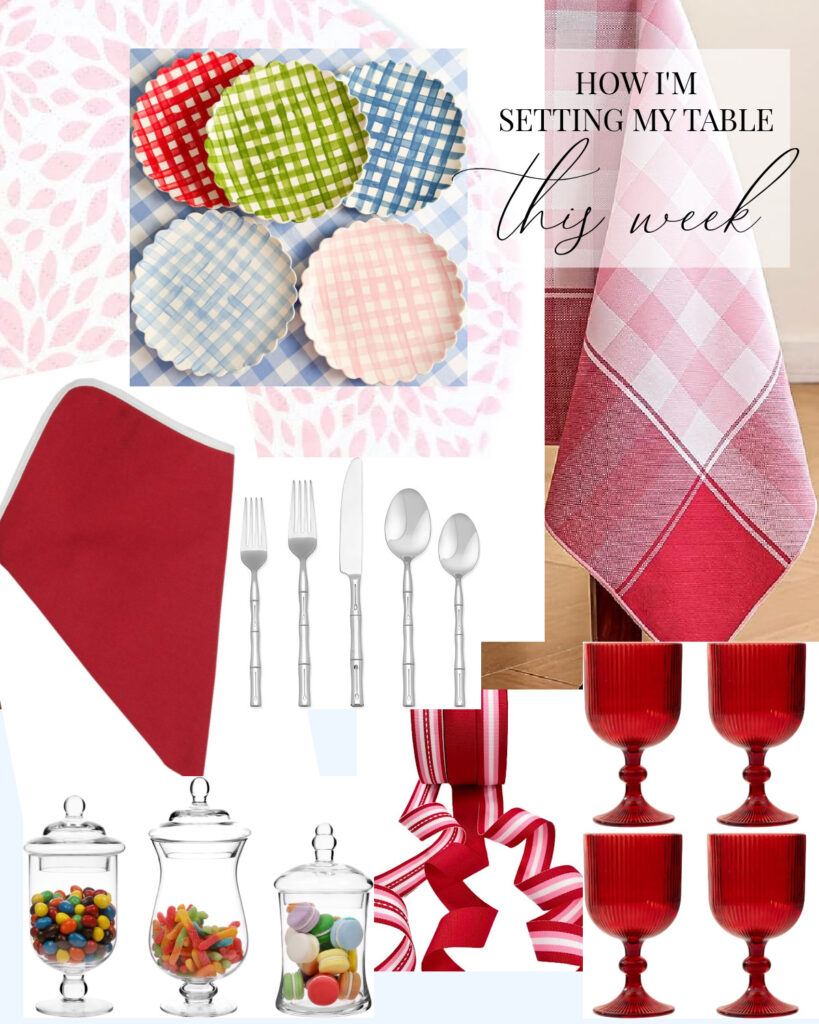 Tablecloths, dishes and ideas for setting an easy Valentine's Day table.