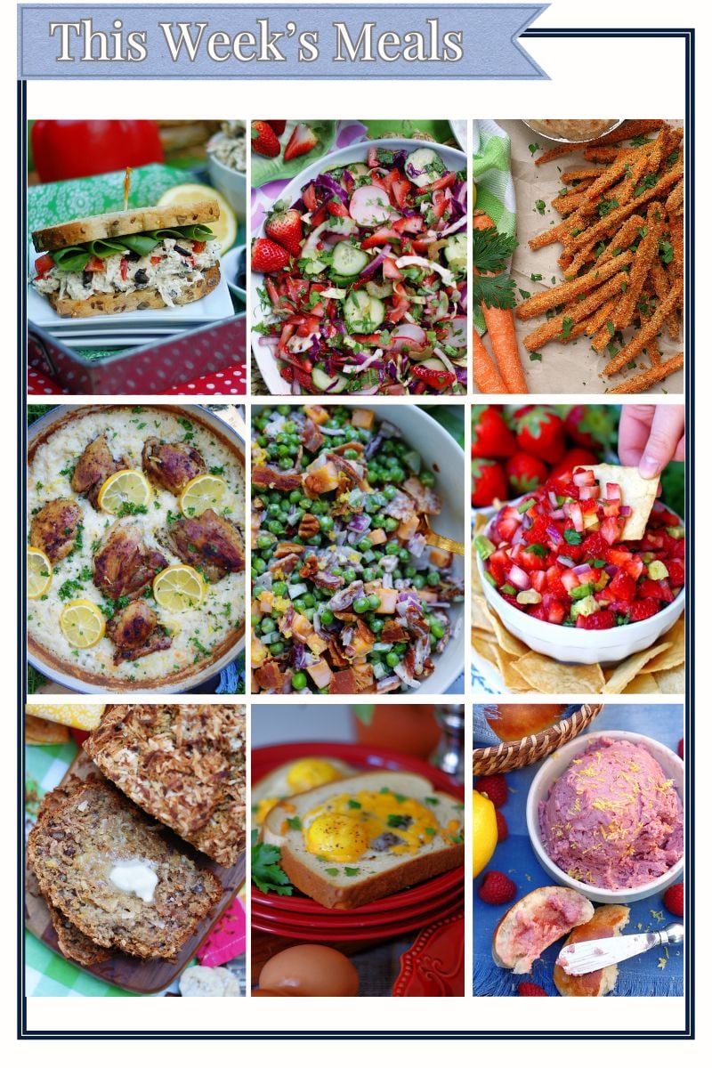 9 square photo grid showcasing all of this week's recipes to create these spring family dinner ideas.