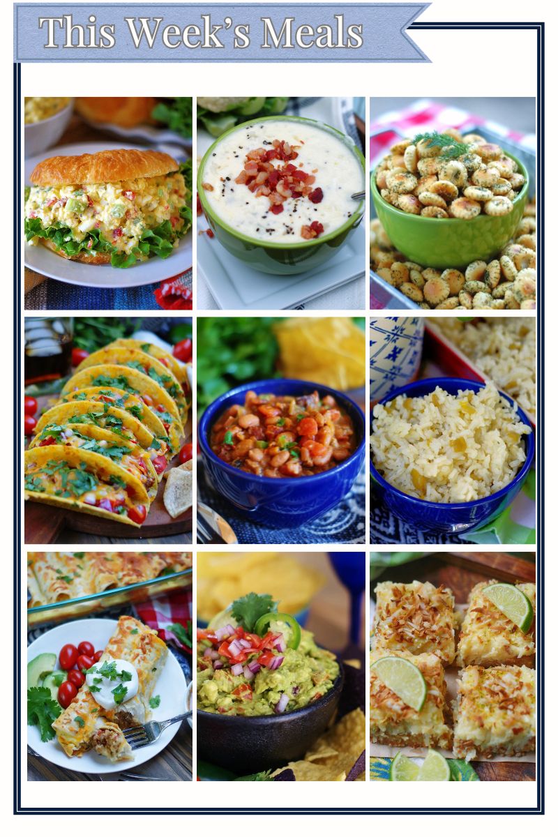 9 part grid showcasing all of the recipes utilized in this week's meals ideas of tacos and simple egg salad sandwiches, plus breakfast, snack and dessert.