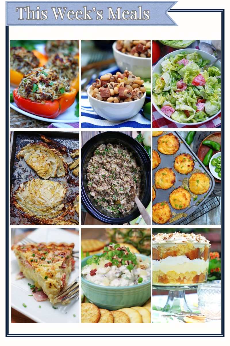 9 part grid showcasing all of the recipes utilized in this week's meals ideas of tacos and simple egg salad sandwiches, plus breakfast, snack and dessert.
