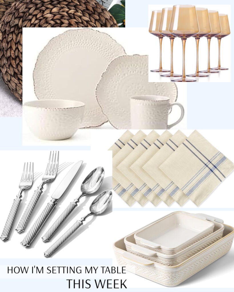 Dishes and napkins I'll use to set my table this week- creams and light blues.