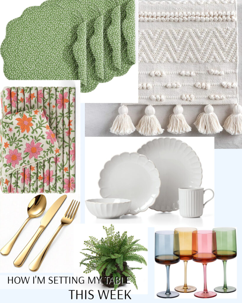 Dishes, napkins, placemats, utensils, a table runner and fern complete this week's "how to set the table" ideas with pops of coral and green.