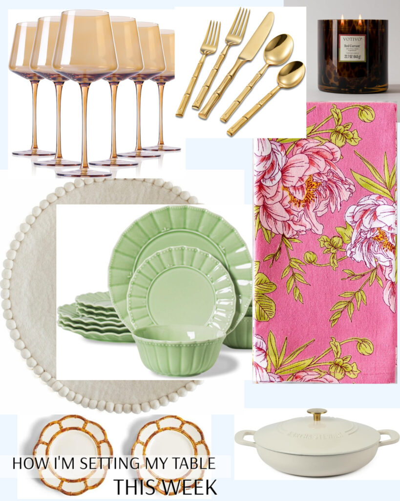 Pink, cream and green spring table inspiration with dishes, stemware, gold silverware and dinner napkins.