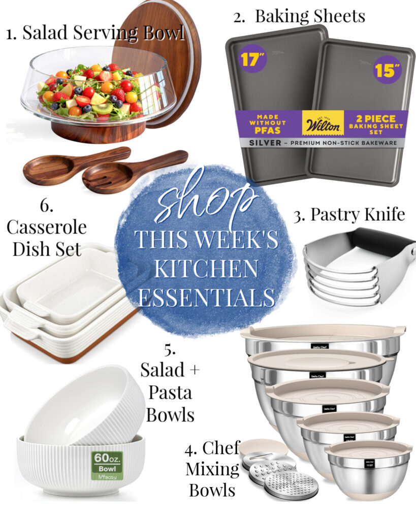 Baking sheets, salad bowls, mixing bowls and pastry knife as recommended kitchen essentials for preparing these meals.